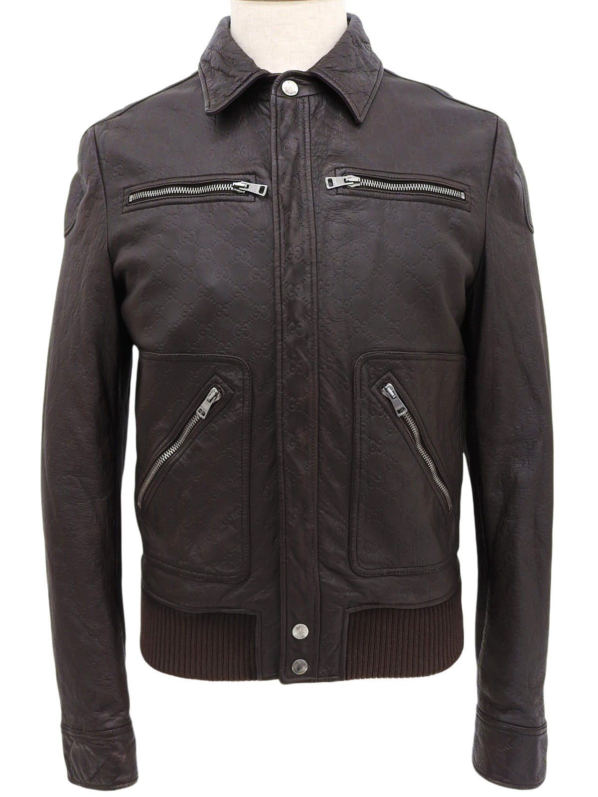 Brown real leather GG pattern single rider jacket