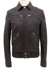 Brown real leather GG pattern single rider jacket