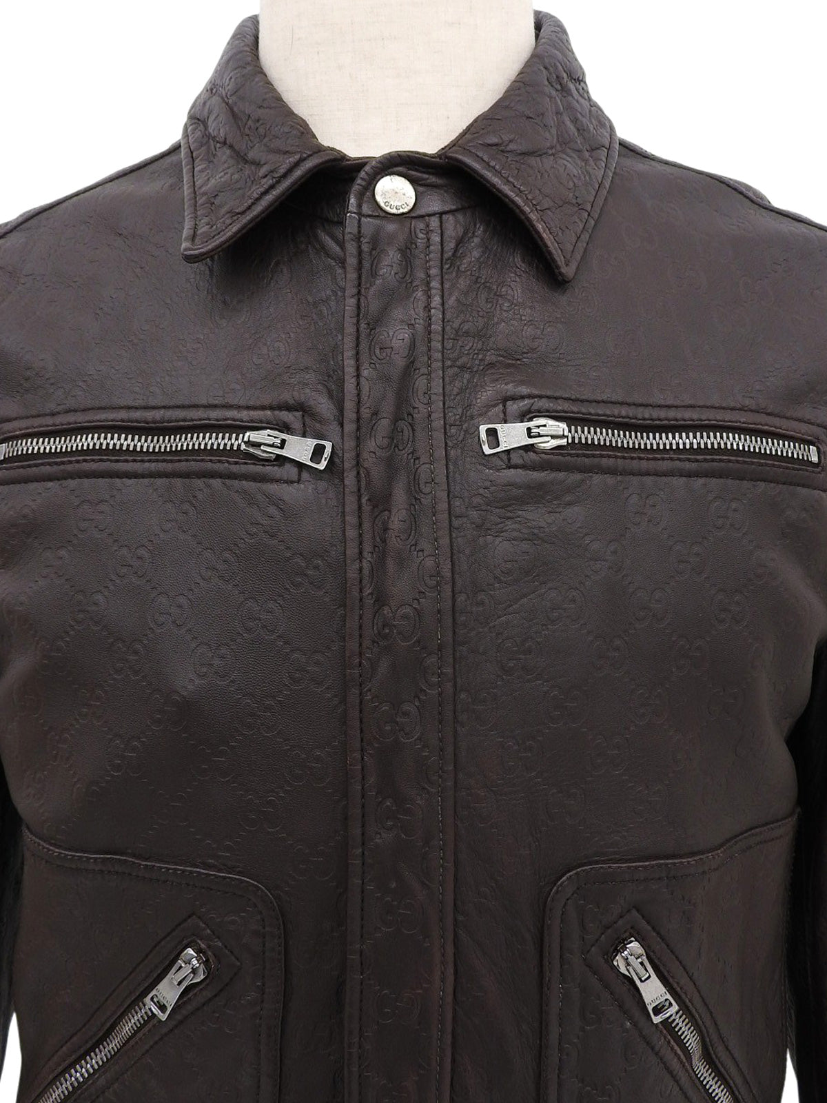 Brown real leather GG pattern single rider jacket