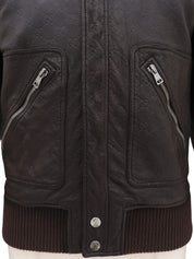 Brown real leather GG pattern single rider jacket