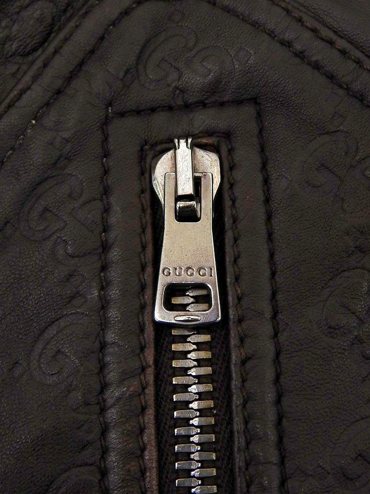 Brown real leather GG pattern single rider jacket