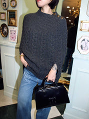 Wool logo button knit poncho in charcoal gray