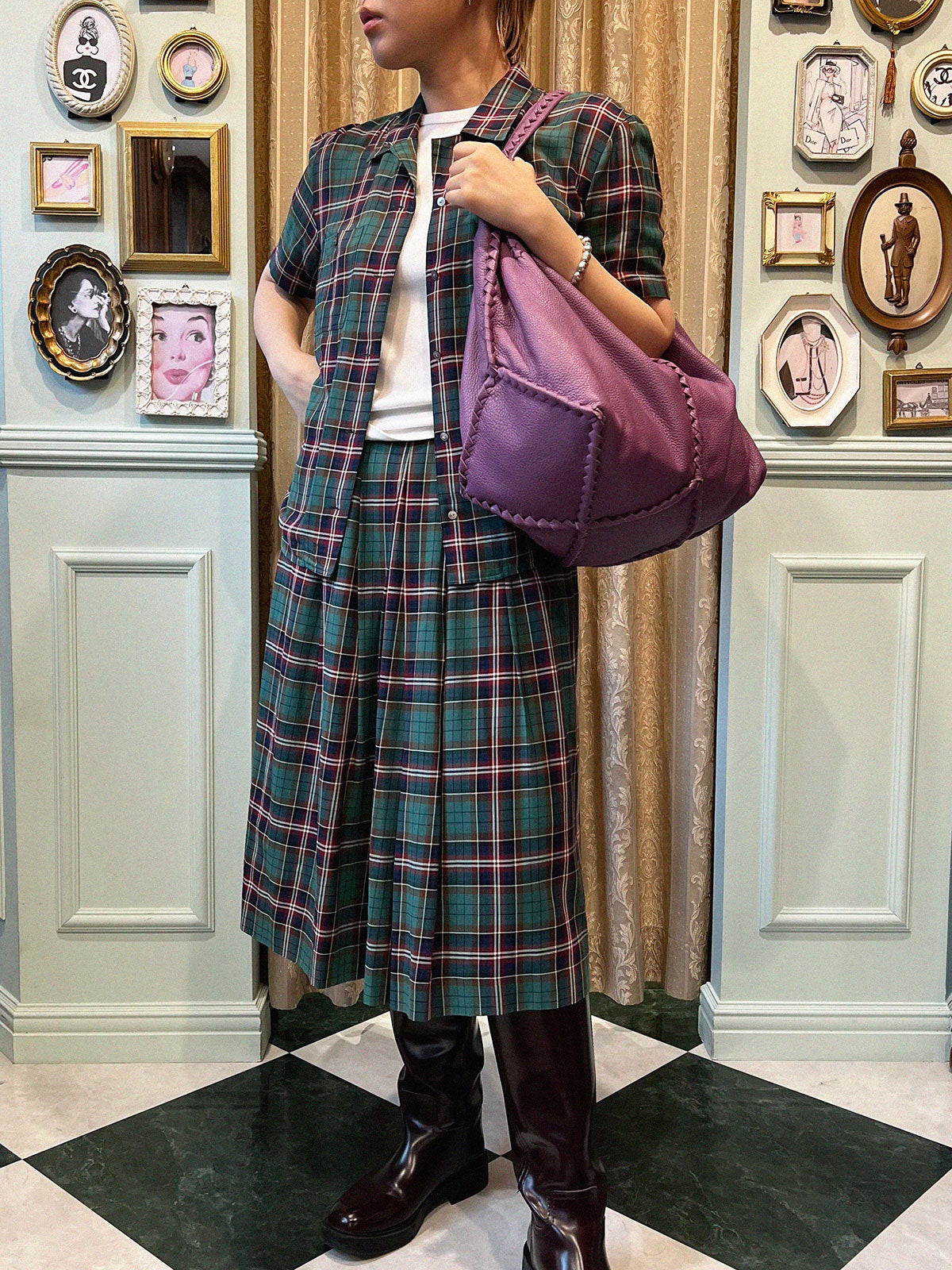 チェックパターンロゴボタンセットアップ グリーン/ネイビー/レッド