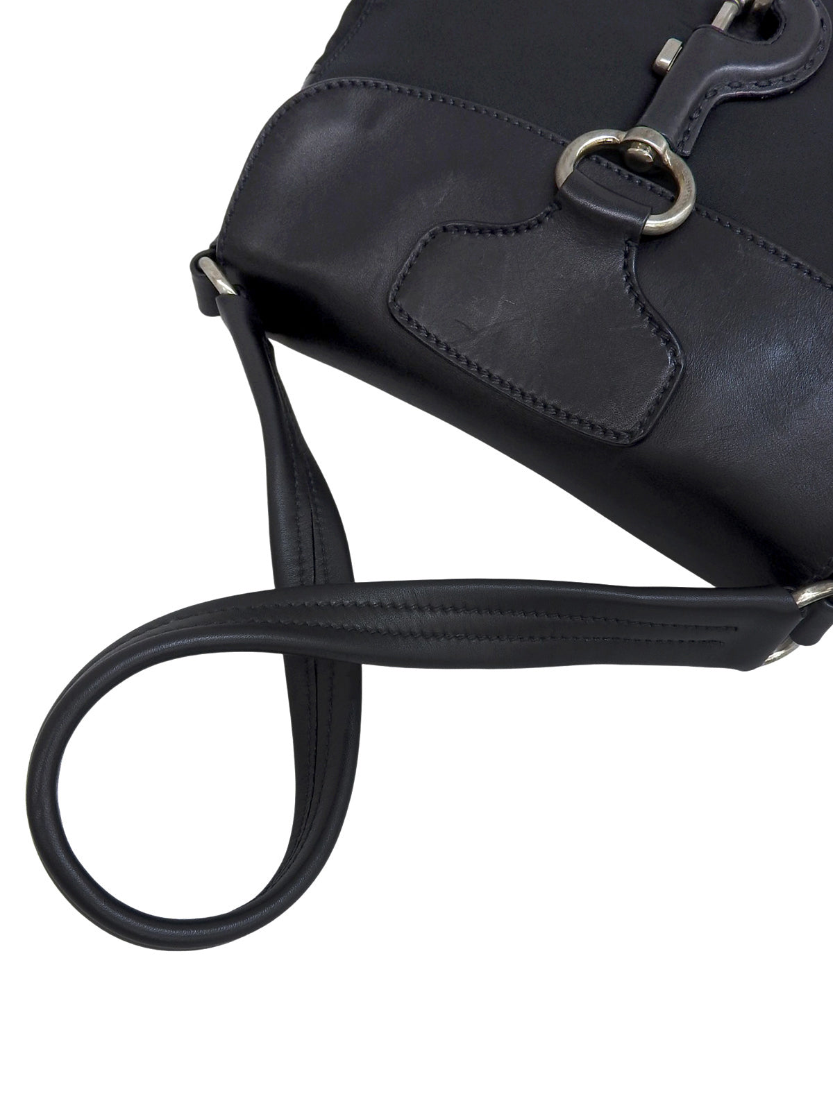 Nylon and leather combination logo plate shoulder bag in black