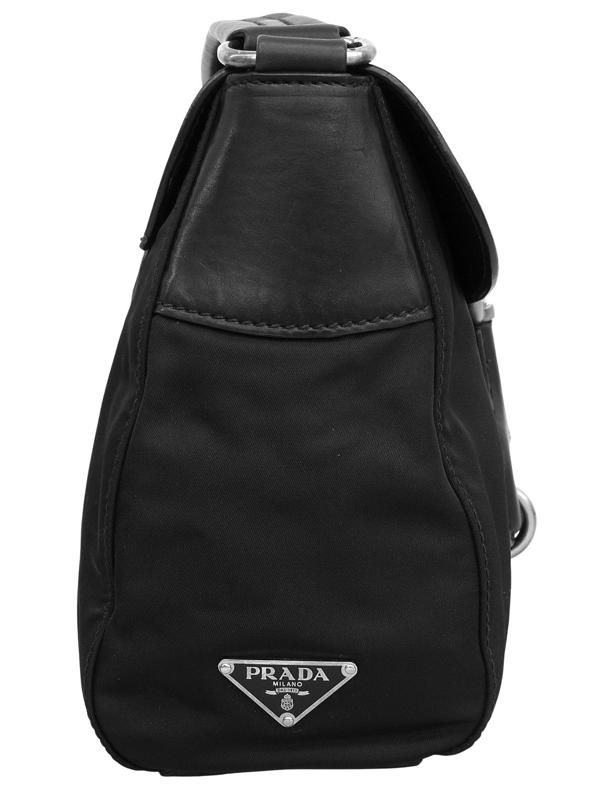 Nylon and leather combination logo plate shoulder bag in black