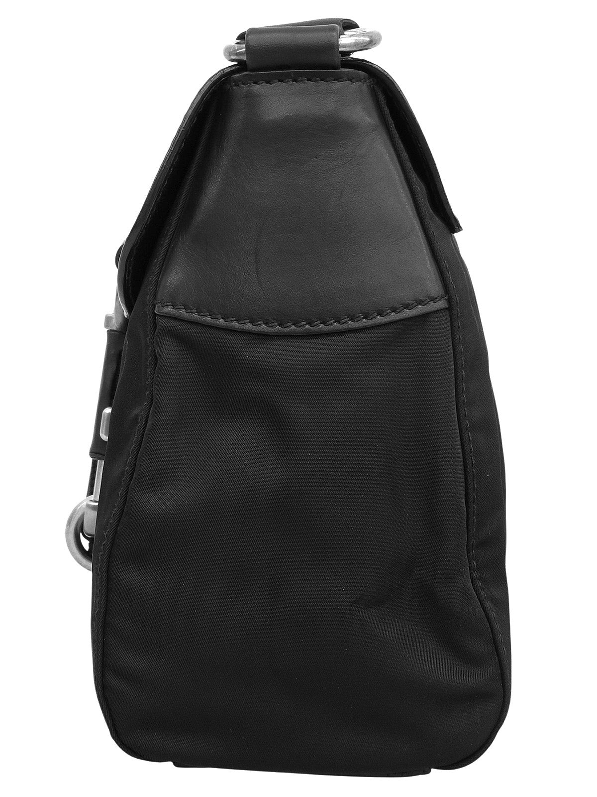 Nylon and leather combination logo plate shoulder bag in black