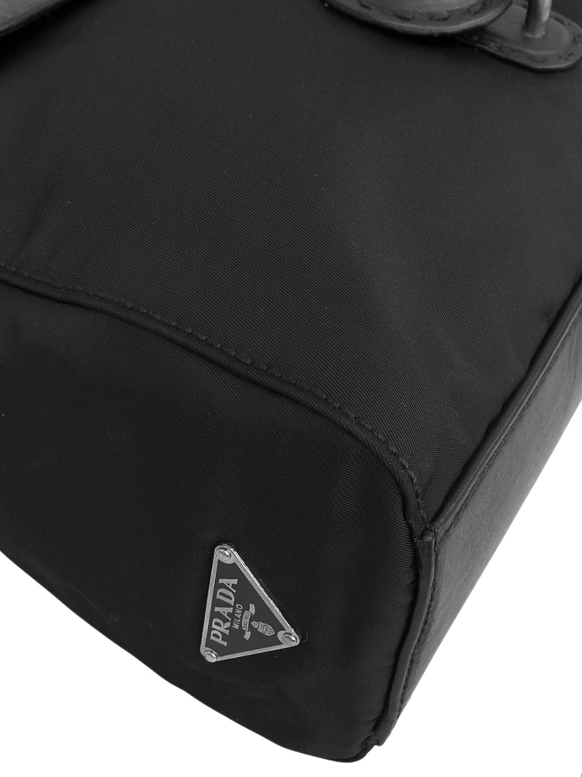 Nylon and leather combination logo plate shoulder bag in black