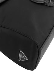 Nylon and leather combination logo plate shoulder bag in black