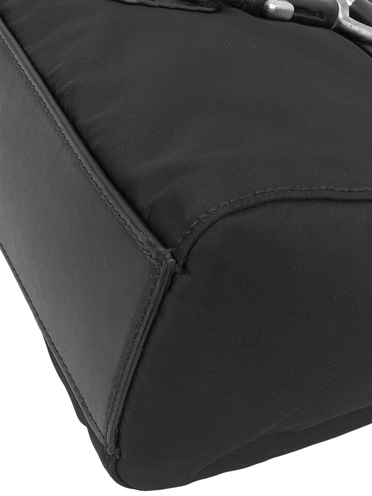 Nylon and leather combination logo plate shoulder bag in black