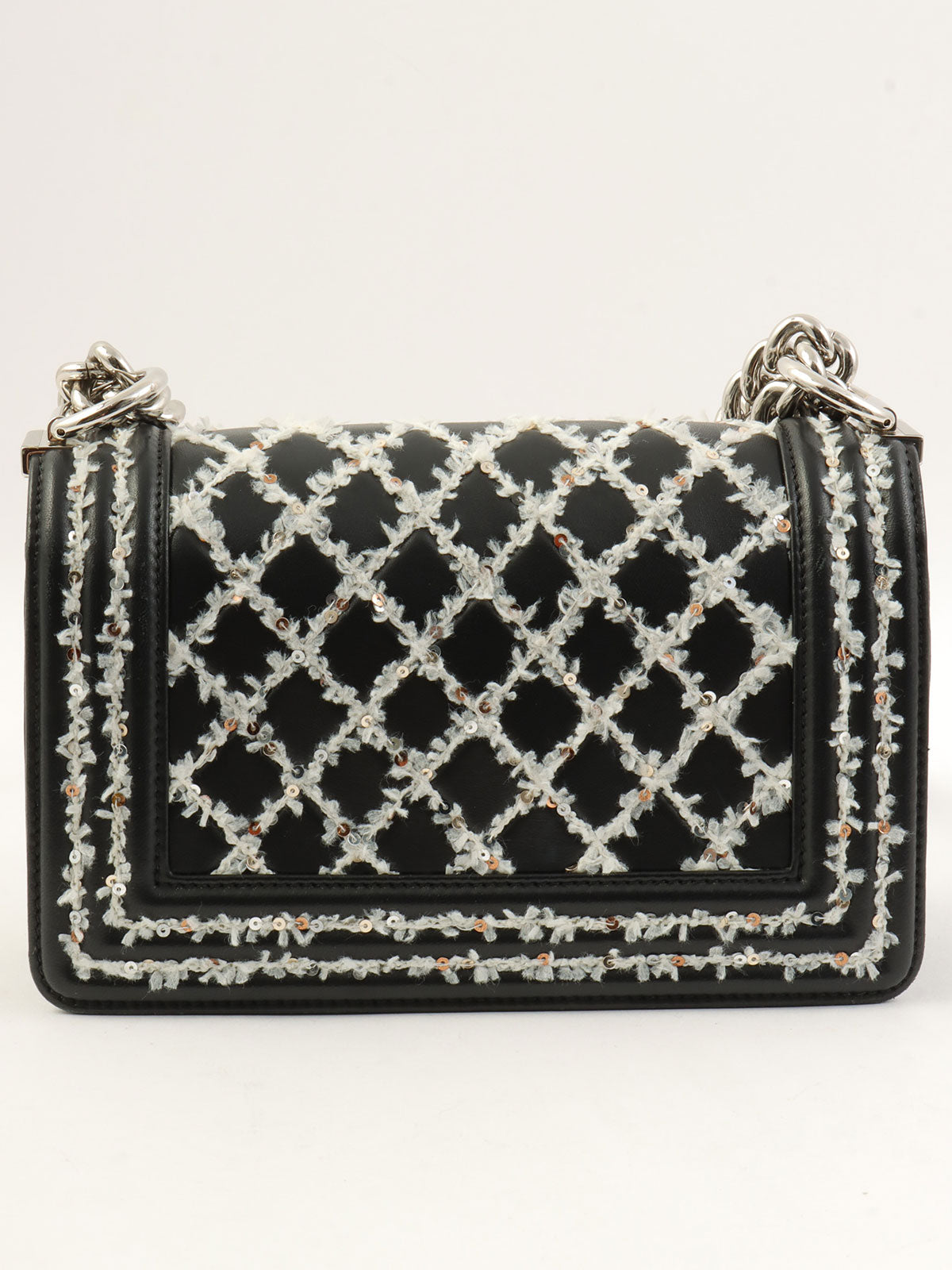 2017款香奈儿亮片链条单肩包，黑色/白色