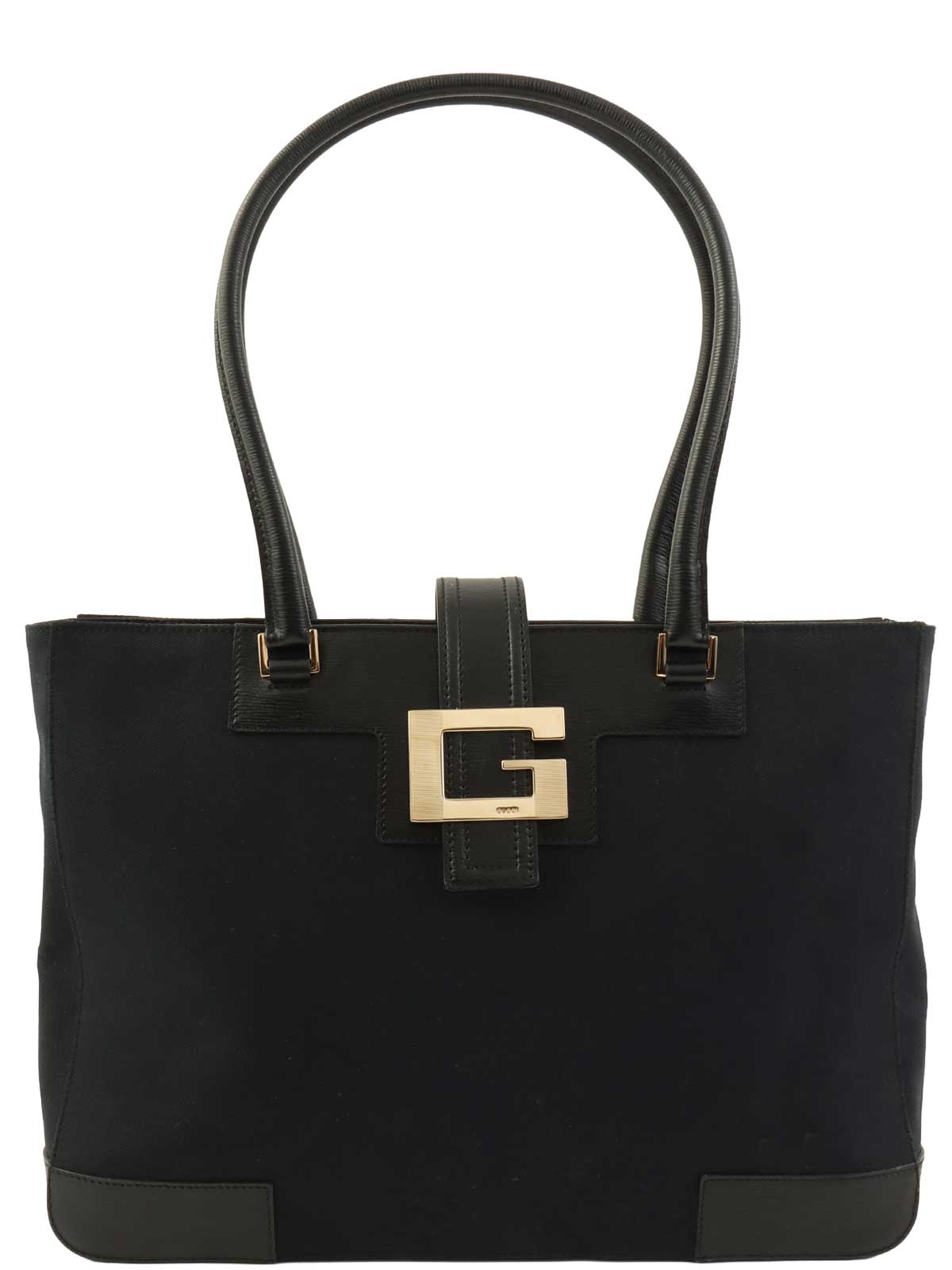 キャンバスレザーコンビGロゴプレートトートバッグ　ブラック