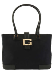 キャンバスレザーコンビGロゴプレートトートバッグ　ブラック