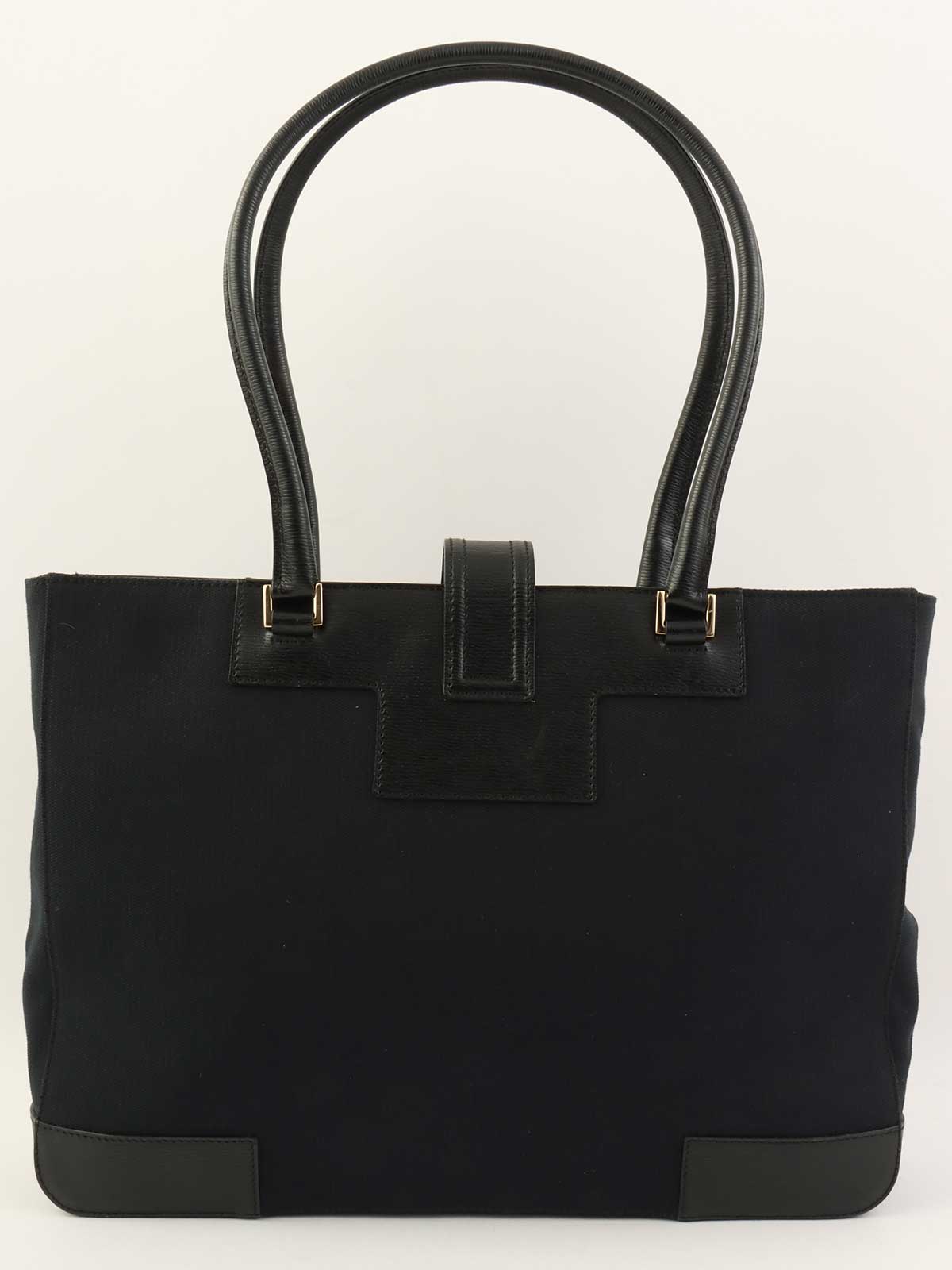 キャンバスレザーコンビGロゴプレートトートバッグ　ブラック