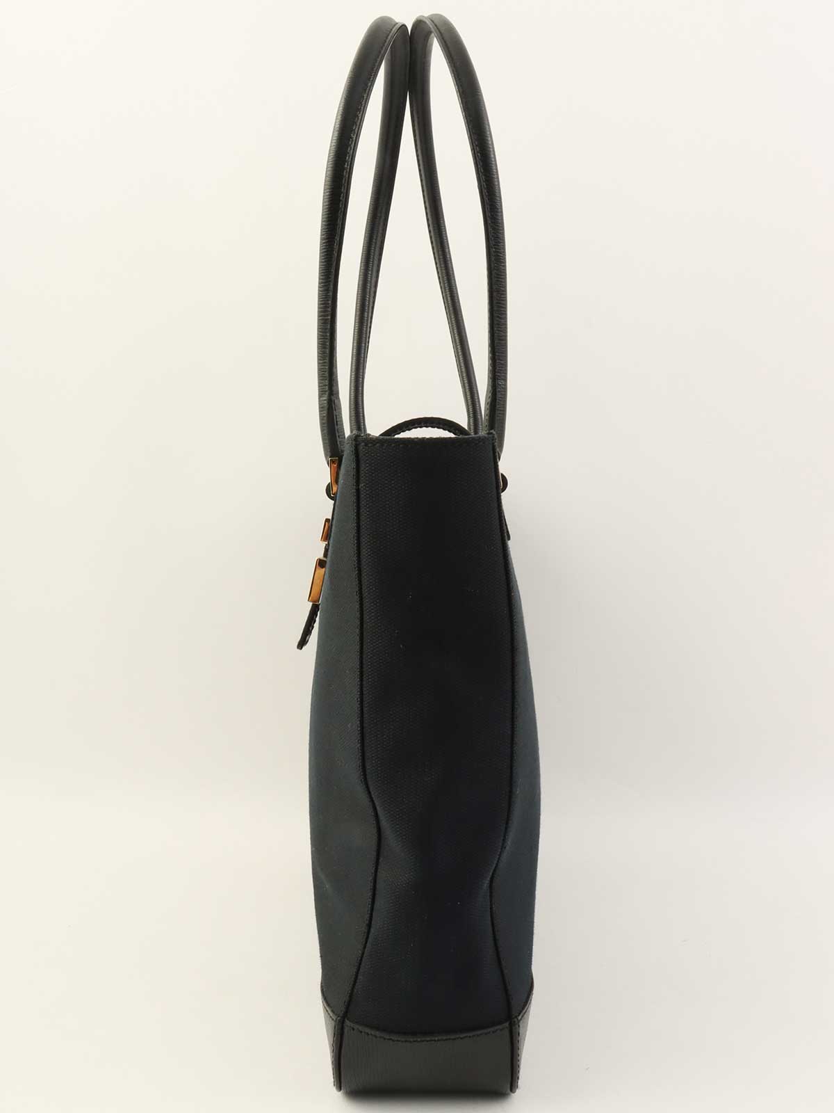 キャンバスレザーコンビGロゴプレートトートバッグ　ブラック