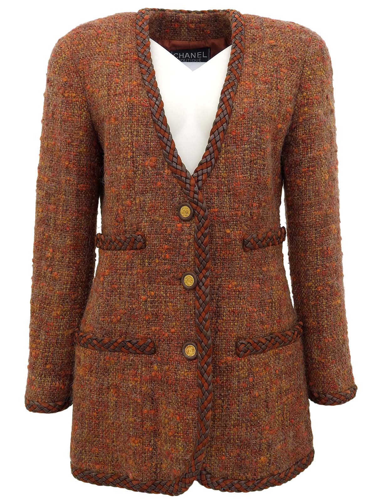 ツイードCCマークボタンレザートリムジャケット ブラウン/マルチ