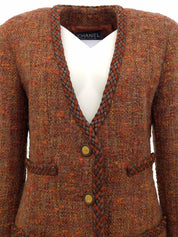 ツイードCCマークボタンレザートリムジャケット ブラウン/マルチ