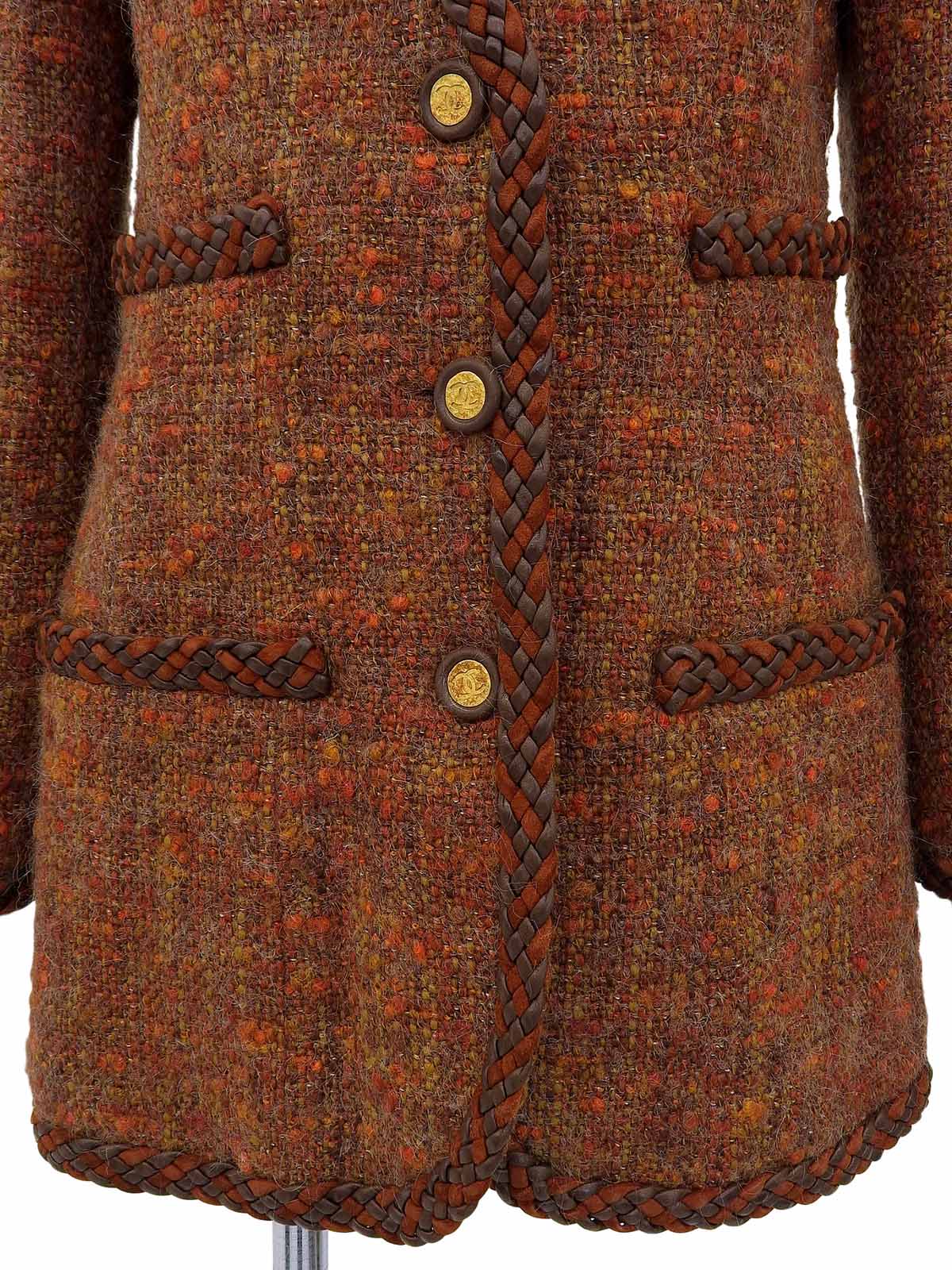 ツイードCCマークボタンレザートリムジャケット ブラウン/マルチ