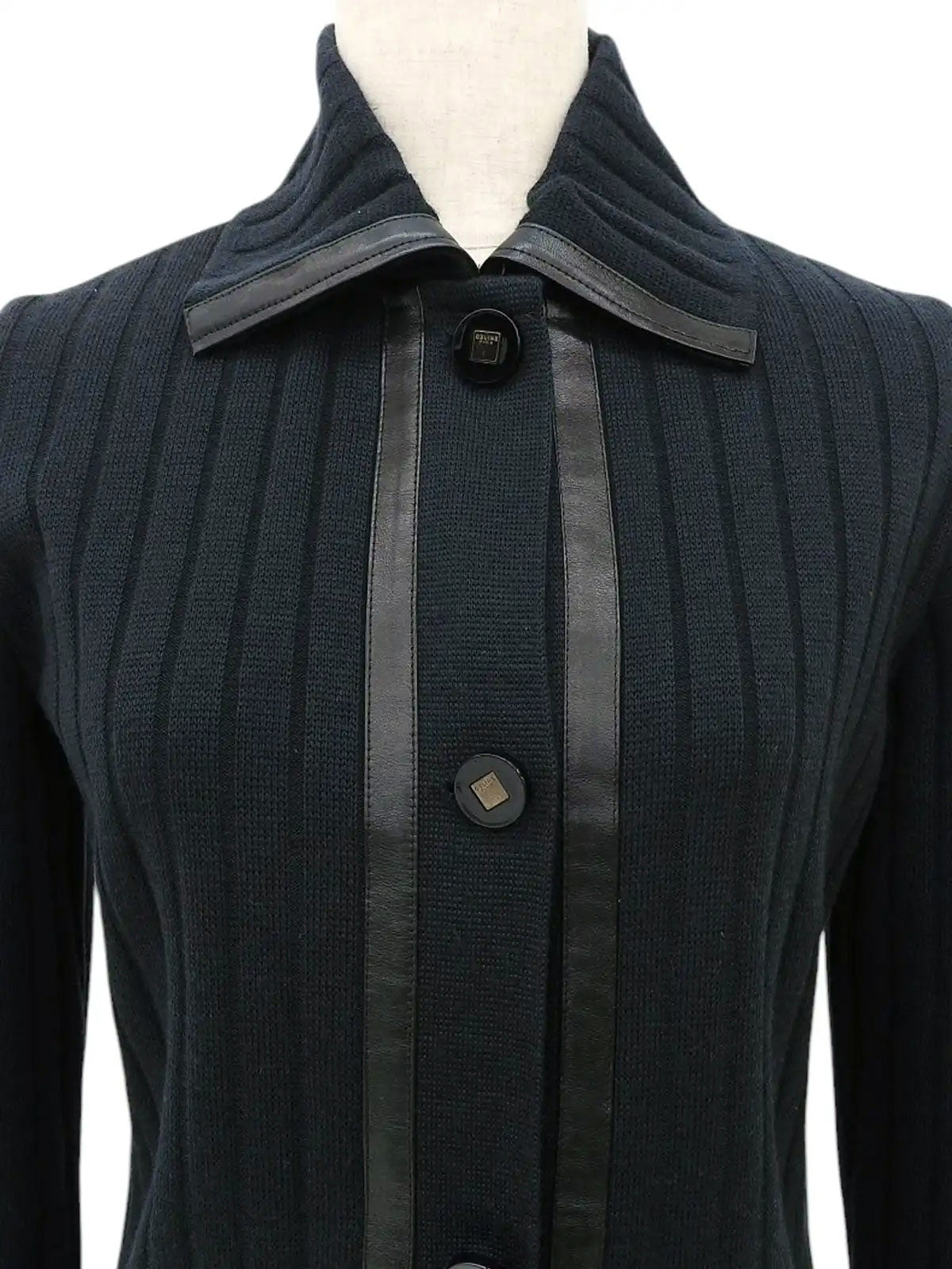 Wool and leather combination logo button knit jacket in dark green/black