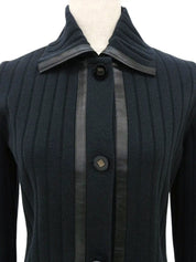 Wool and leather combination logo button knit jacket in dark green/black