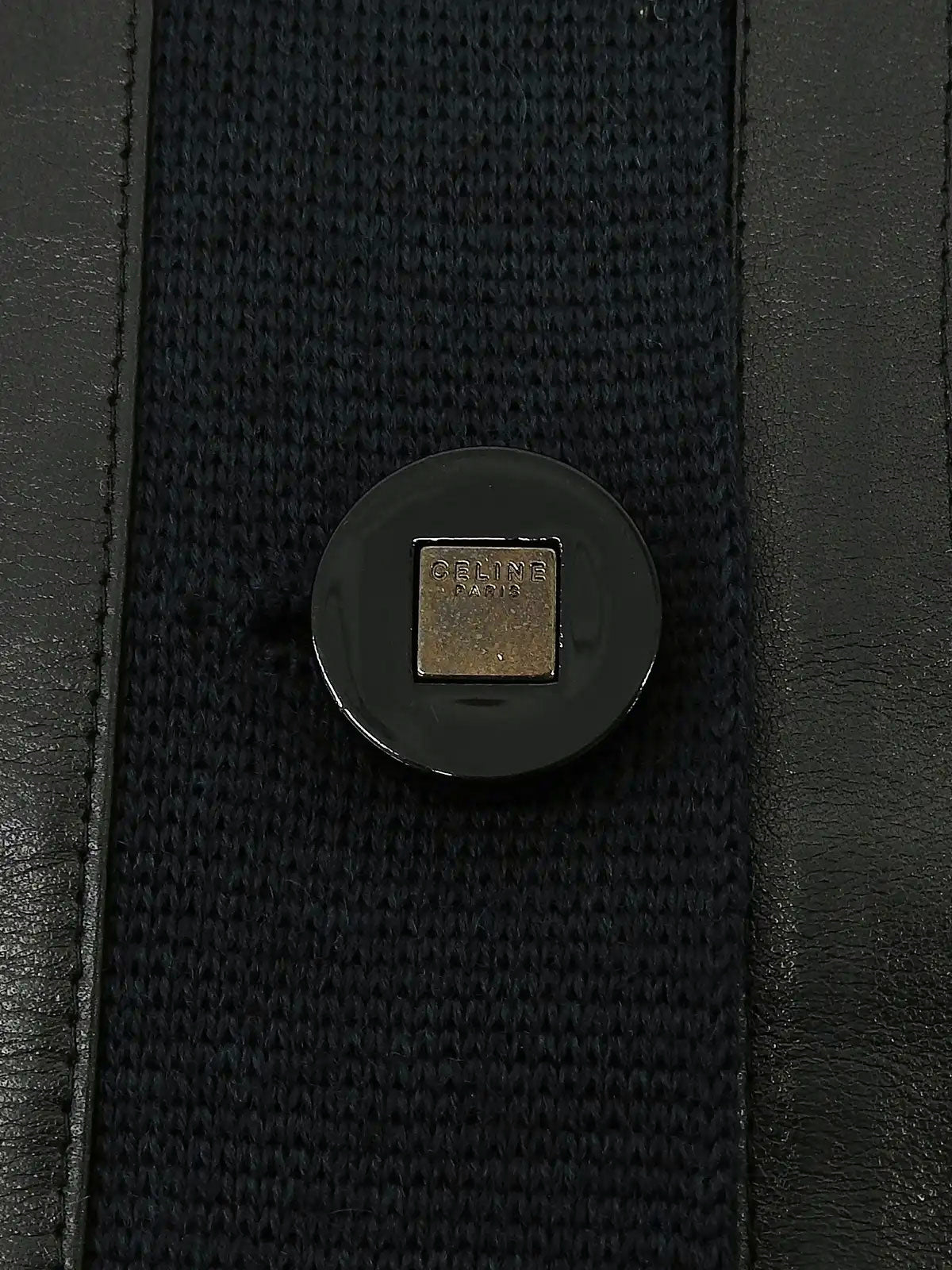 Wool and leather combination logo button knit jacket in dark green/black