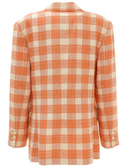 Silk Check Pattern Tailored Jacket in Orange/Ivory