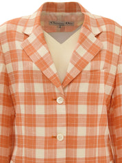 シルクチェックパターンテーラードジャケット オレンジ/アイボリー