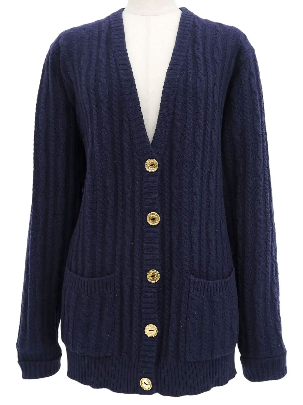 ウールケーブルニットロゴボタンカーディガン ネイビー