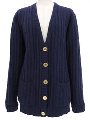 ウールケーブルニットロゴボタンカーディガン ネイビー