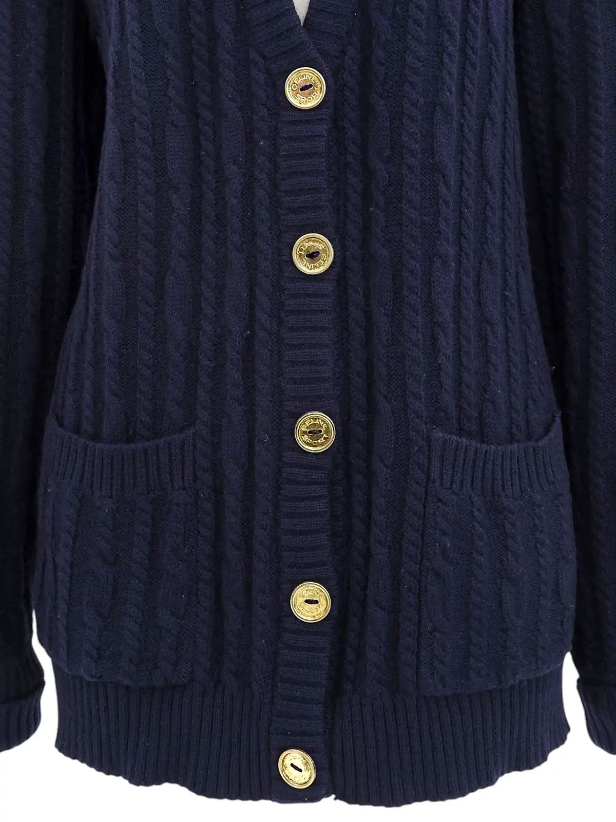ウールケーブルニットロゴボタンカーディガン ネイビー