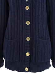 ウールケーブルニットロゴボタンカーディガン ネイビー