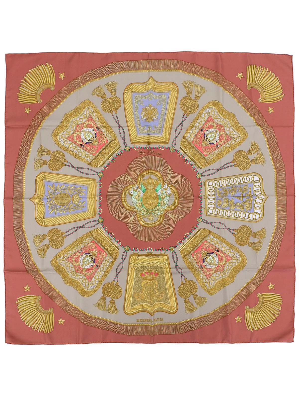 カレ90　Poste Et Cavalerieパターンスカーフ　テラコッタ/マルチ