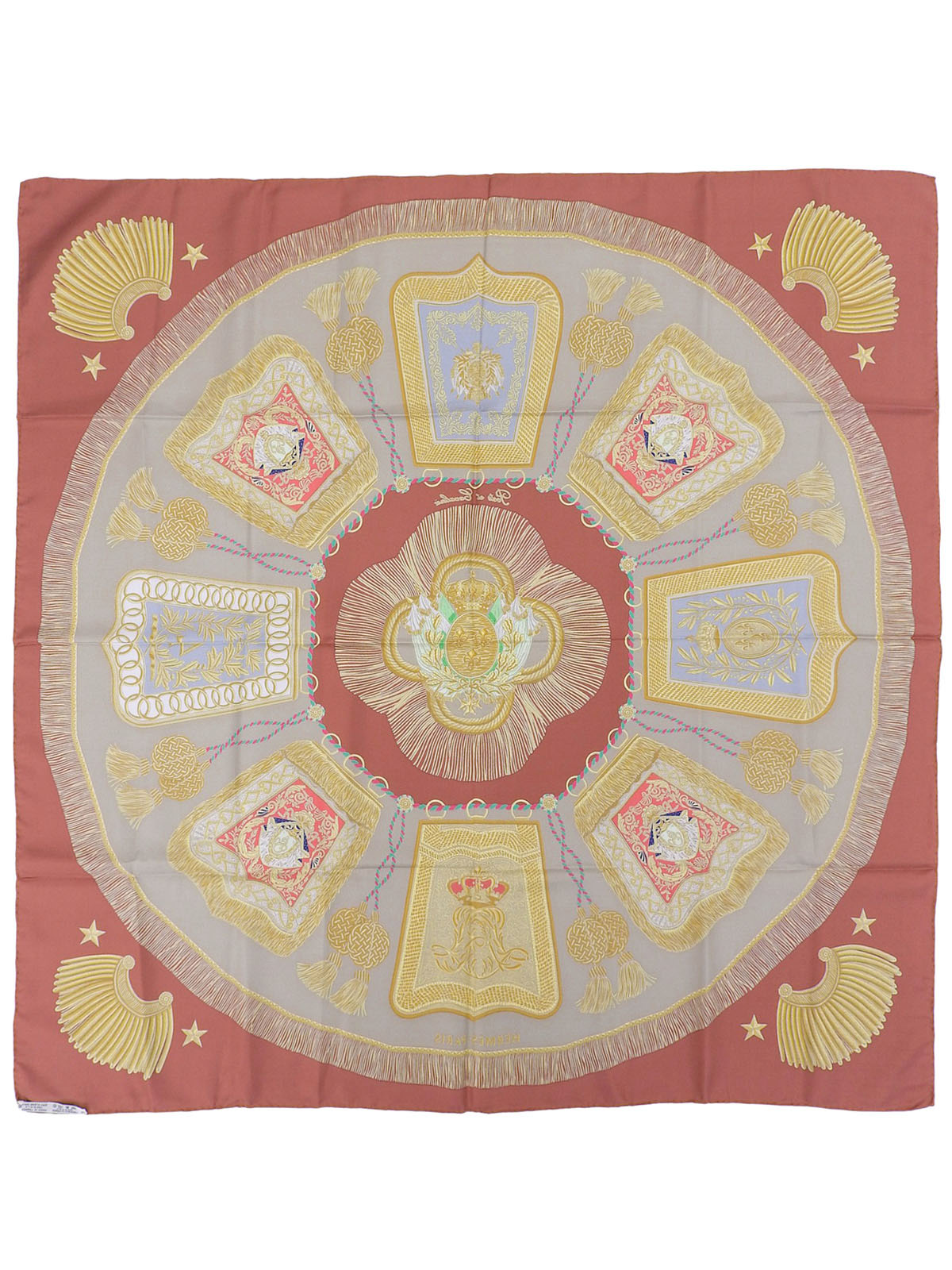 カレ90　Poste Et Cavalerieパターンスカーフ　テラコッタ/マルチ