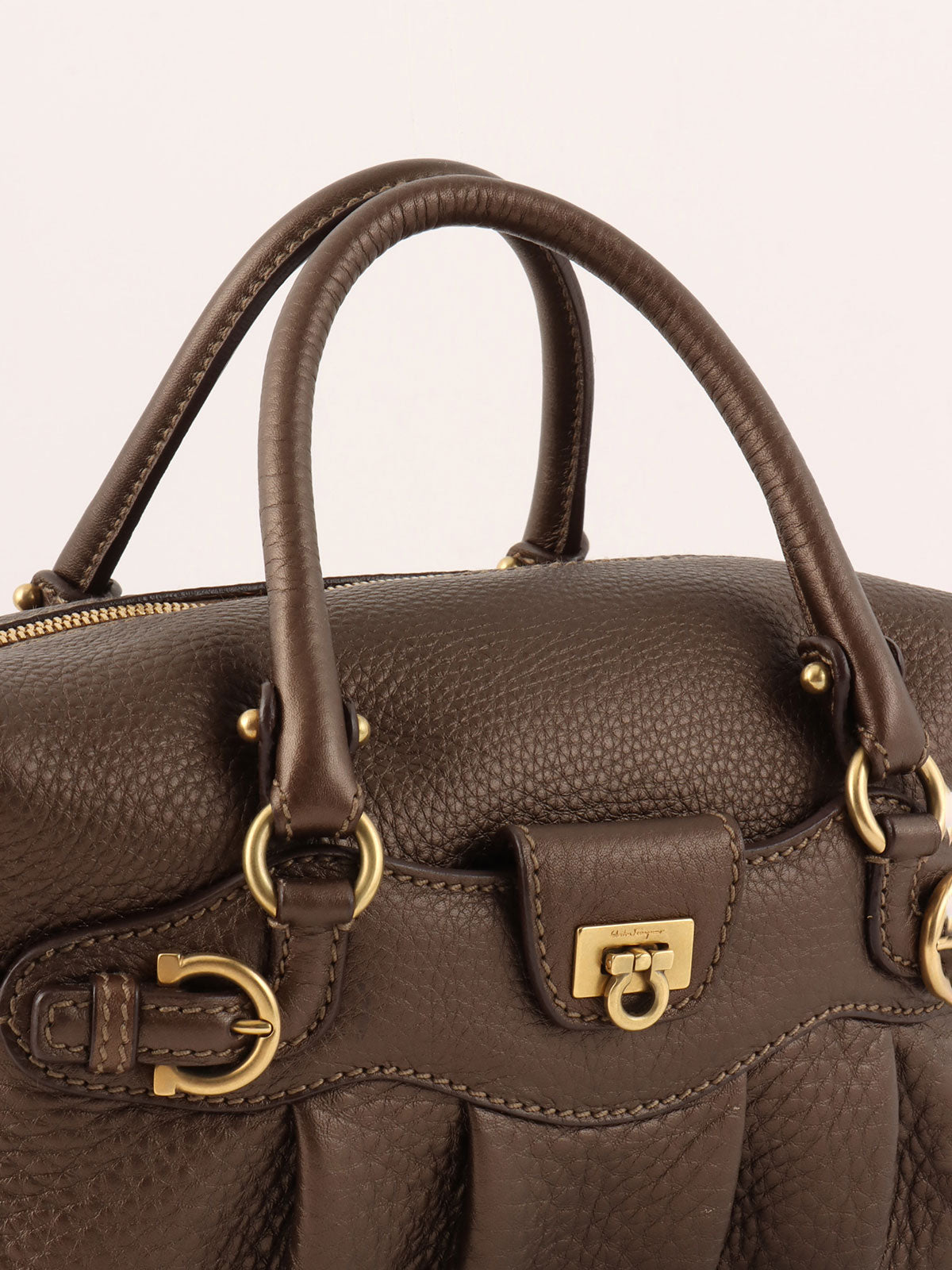 Gancini Plate 2-Way Mini Boston Bag, Brown