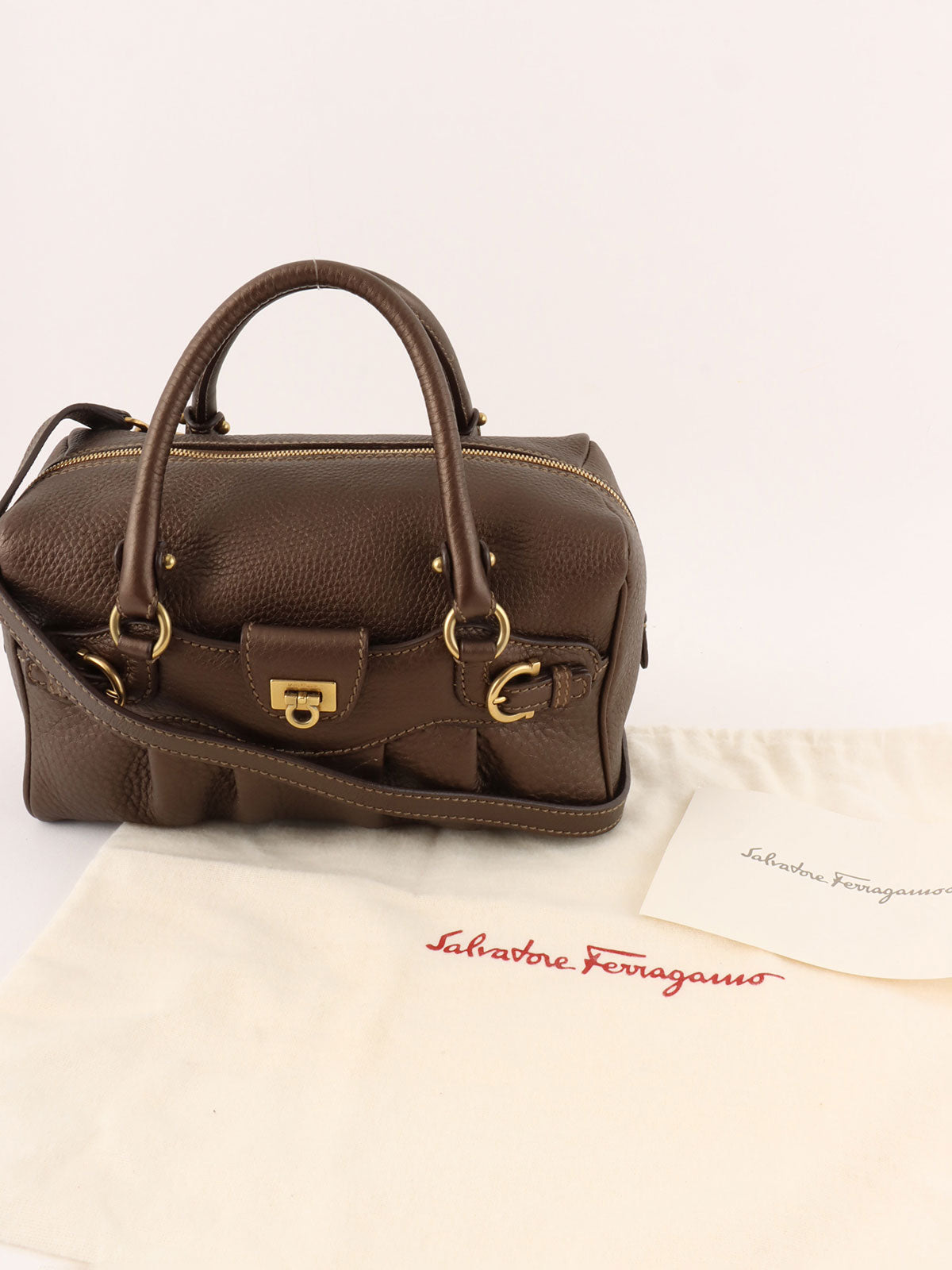 Gancini Plate 2-Way Mini Boston Bag, Brown