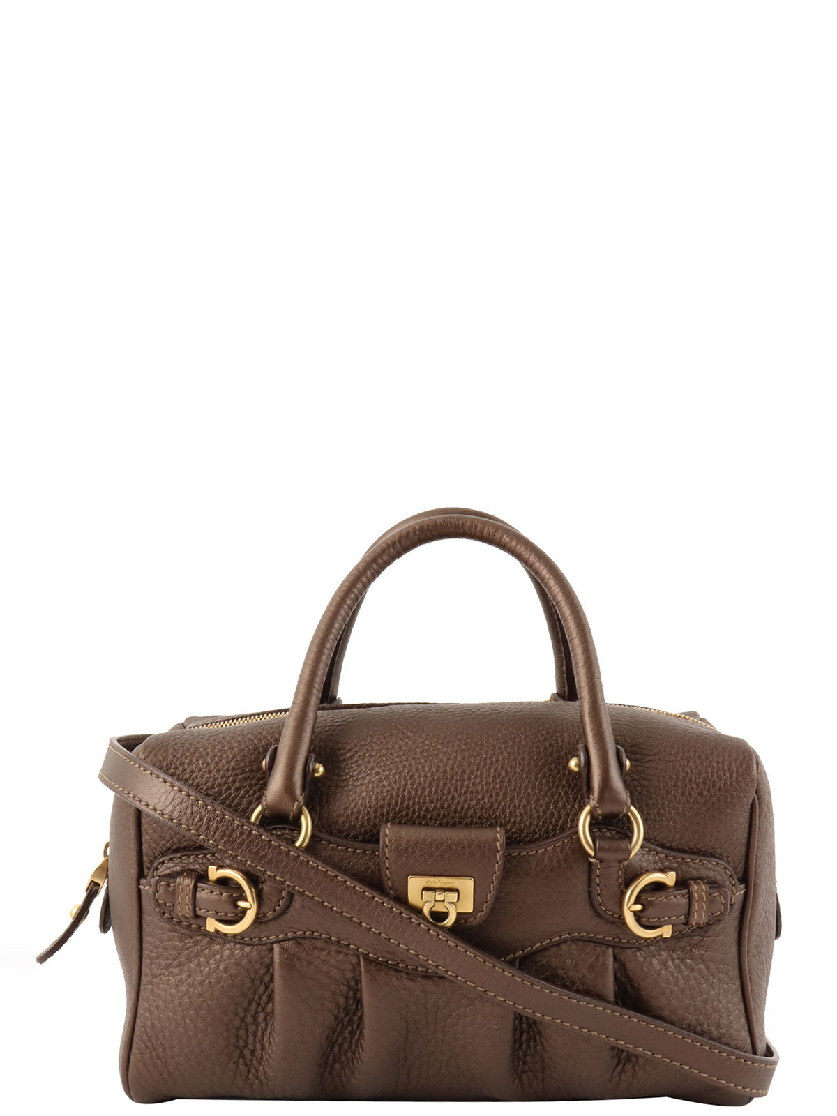 Gancini Plate 2-Way Mini Boston Bag, Brown