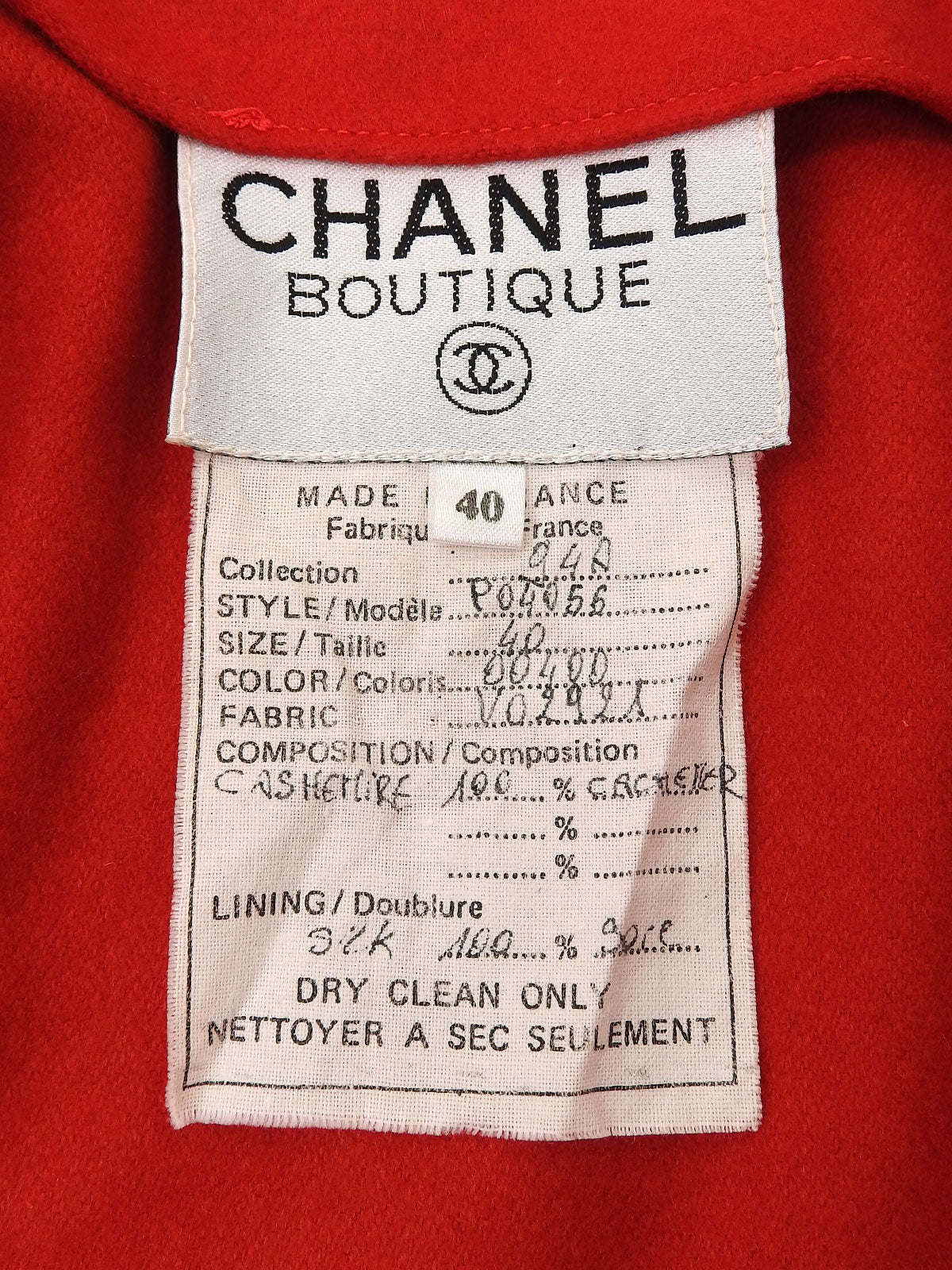 1994年製　カシミアCCマークボタンダブルブレストコート　レッド