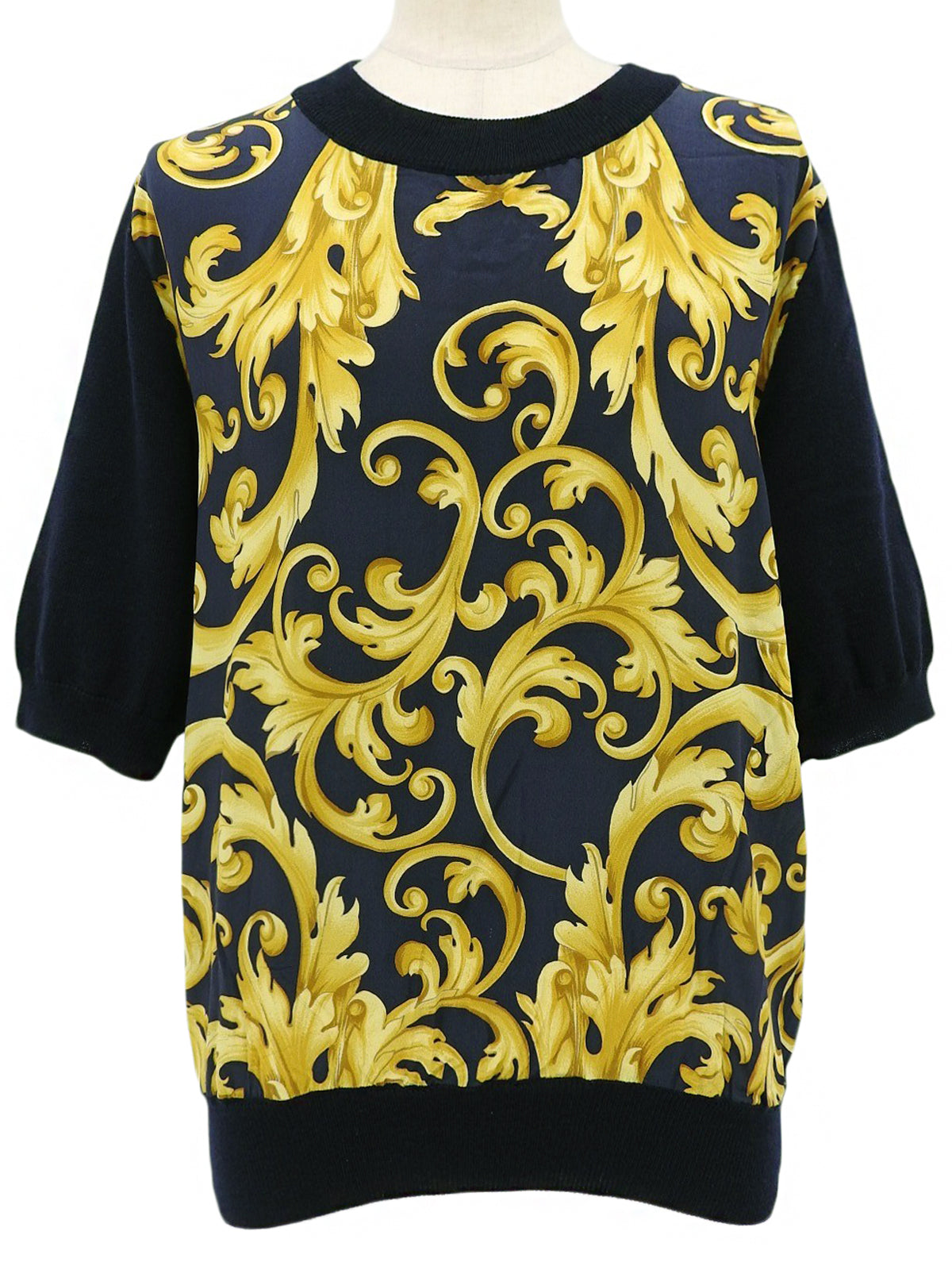 ウールシルクコンビデザイン半袖トップス ネイビー