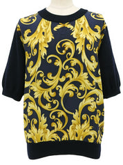 ウールシルクコンビデザイン半袖トップス ネイビー