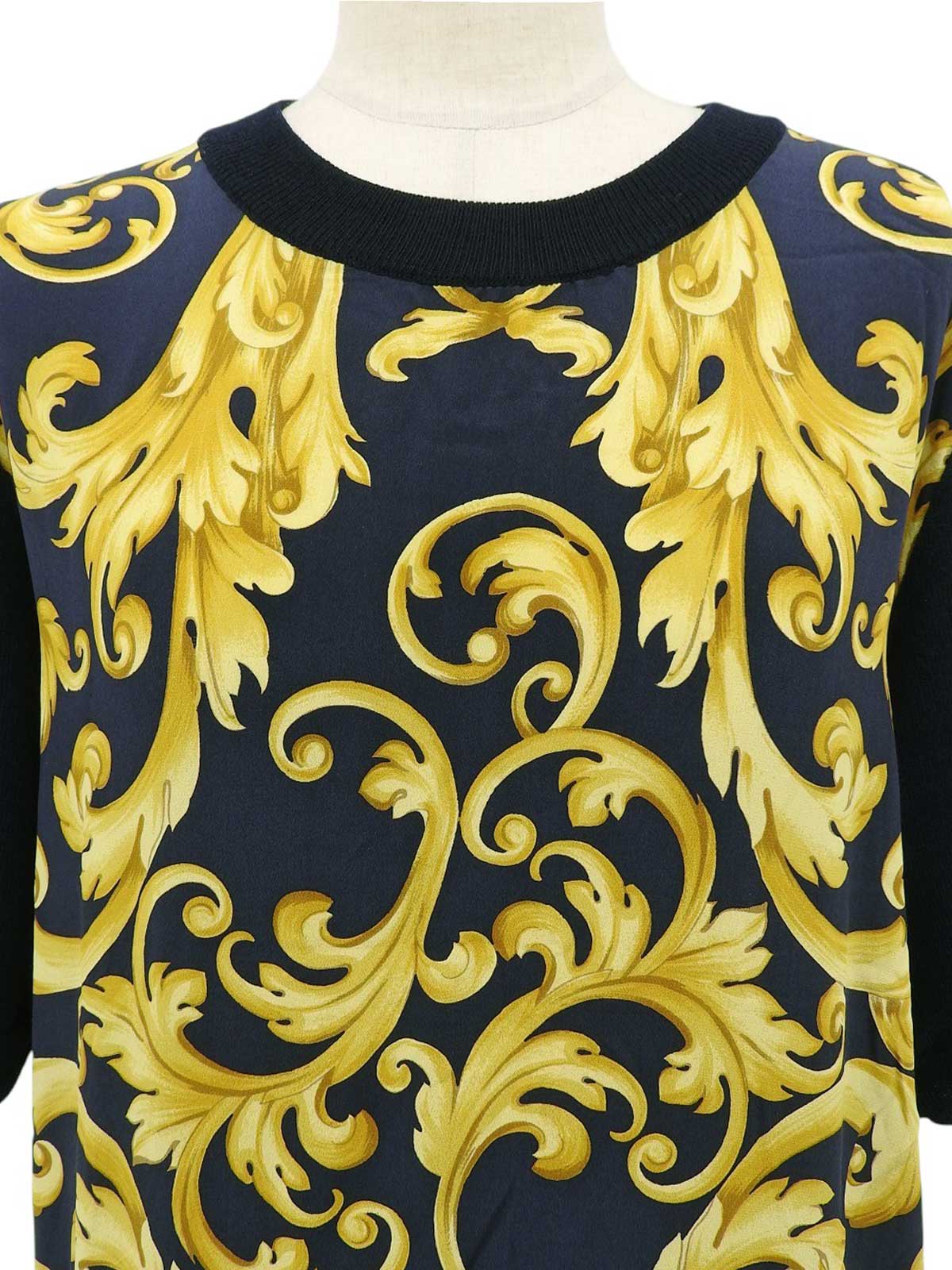 ウールシルクコンビデザイン半袖トップス ネイビー