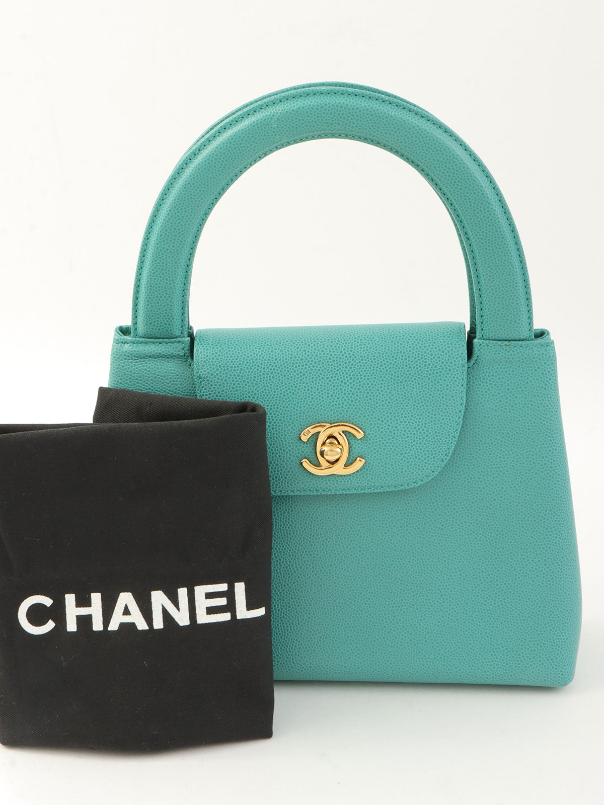 1995年頃製 キャビアスキンCCターンロックハンドバッグ ミントグリーン