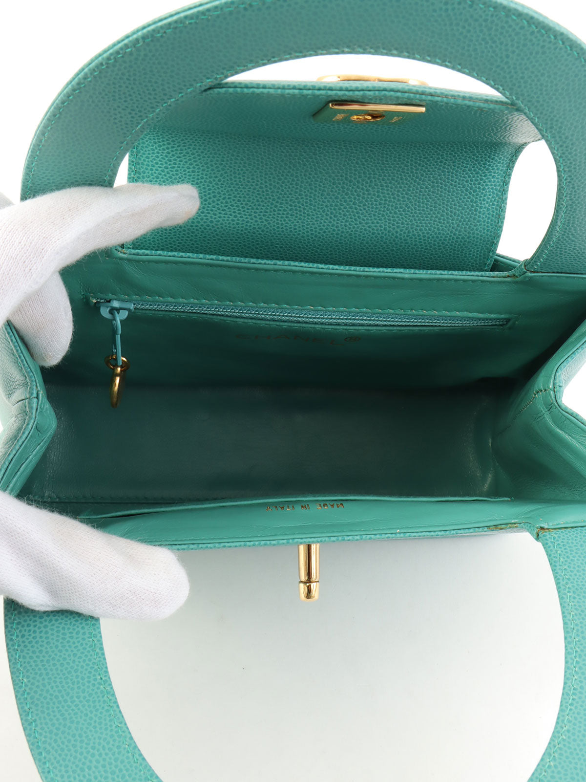 1995年頃製 キャビアスキンCCターンロックハンドバッグ ミントグリーン