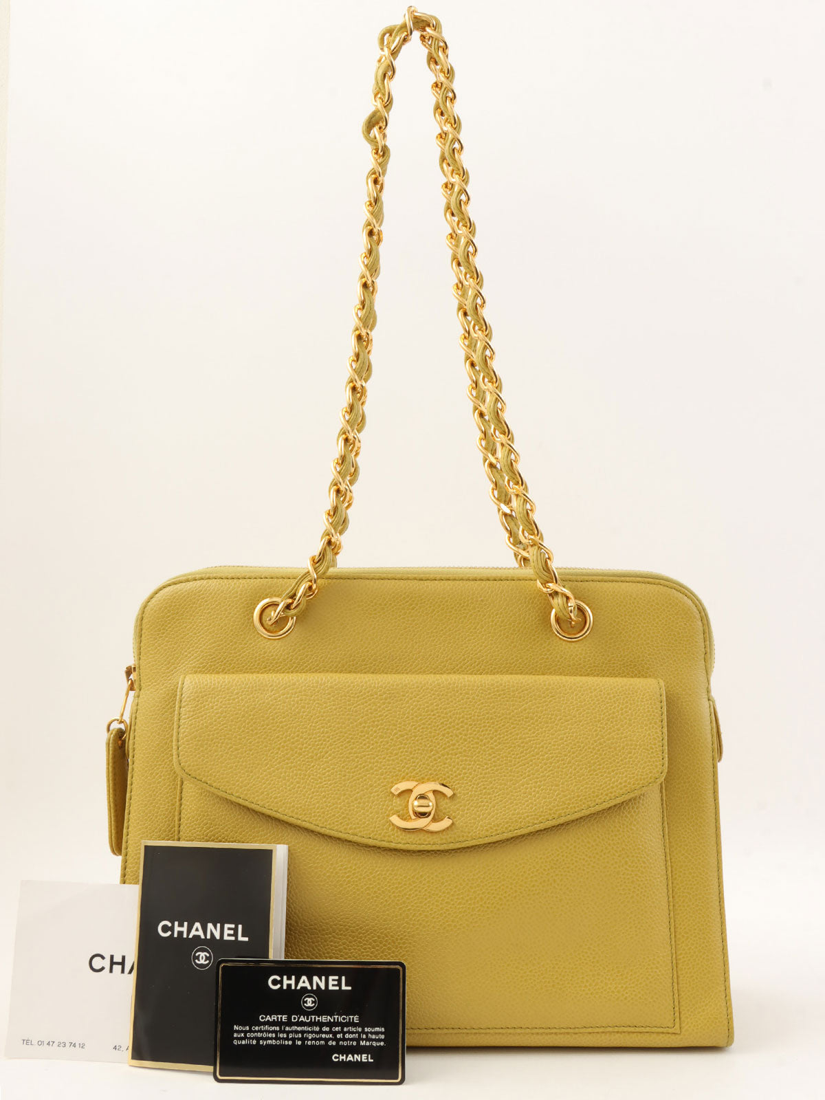 1998 Caviar Skin CC Turn Lock Chain Tote Bag in Lime Green