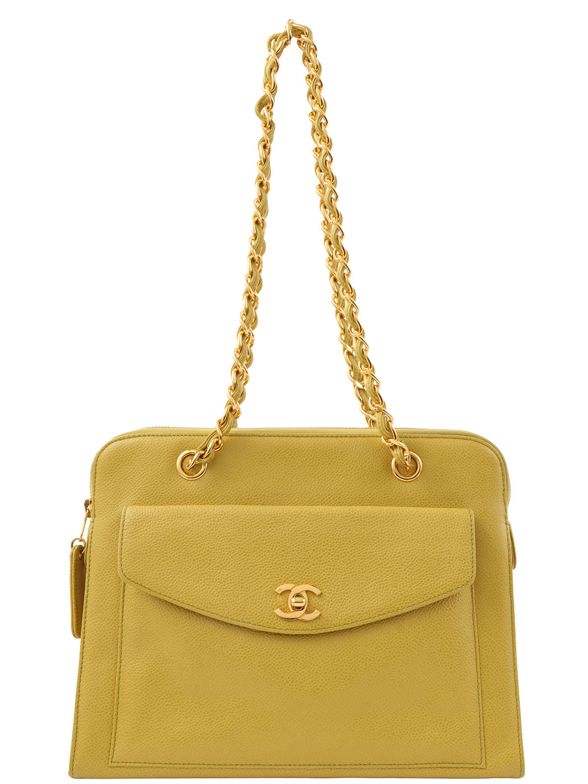 1998 Caviar Skin CC Turn Lock Chain Tote Bag in Lime Green