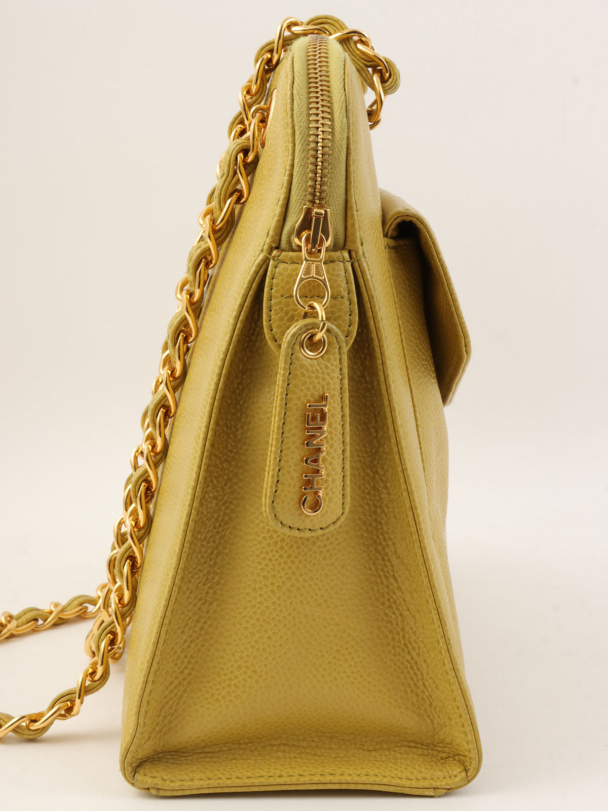 1998 Caviar Skin CC Turn Lock Chain Tote Bag in Lime Green