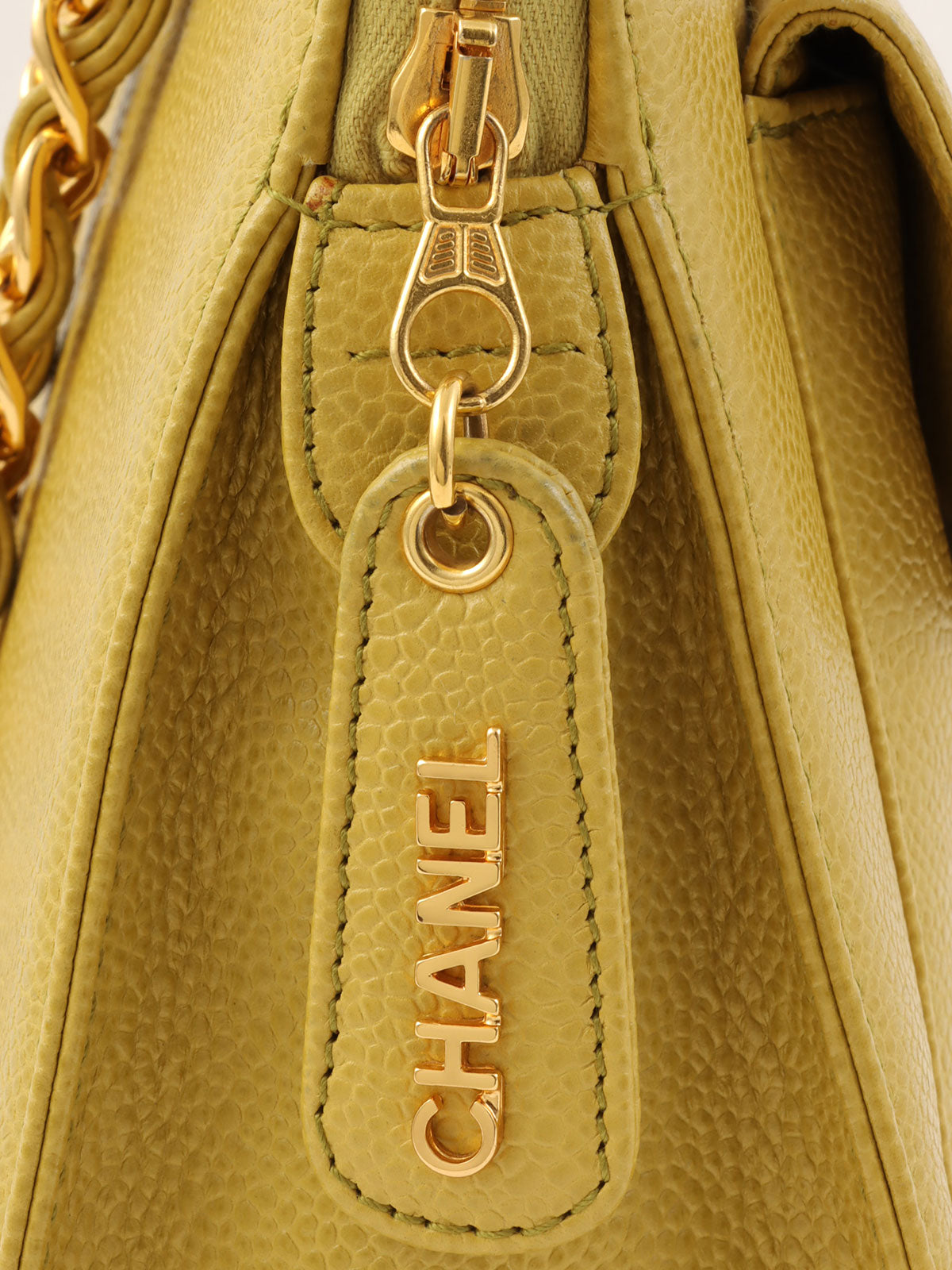 1998 Caviar Skin CC Turn Lock Chain Tote Bag in Lime Green