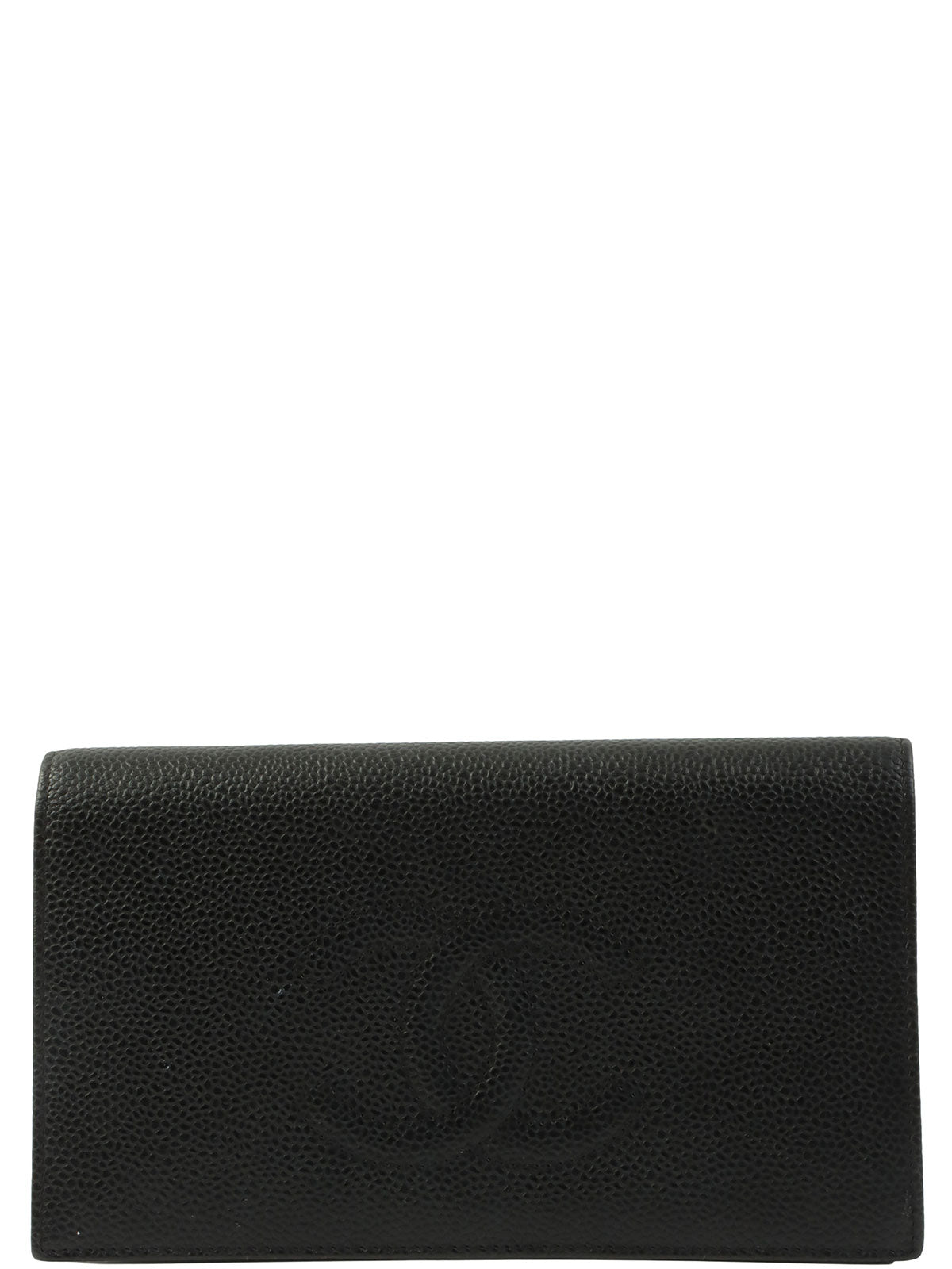 鱼子酱纹理 CC 标志缝线长款钱包（黑色）