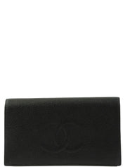 鱼子酱纹理 CC 标志缝线长款钱包（黑色）