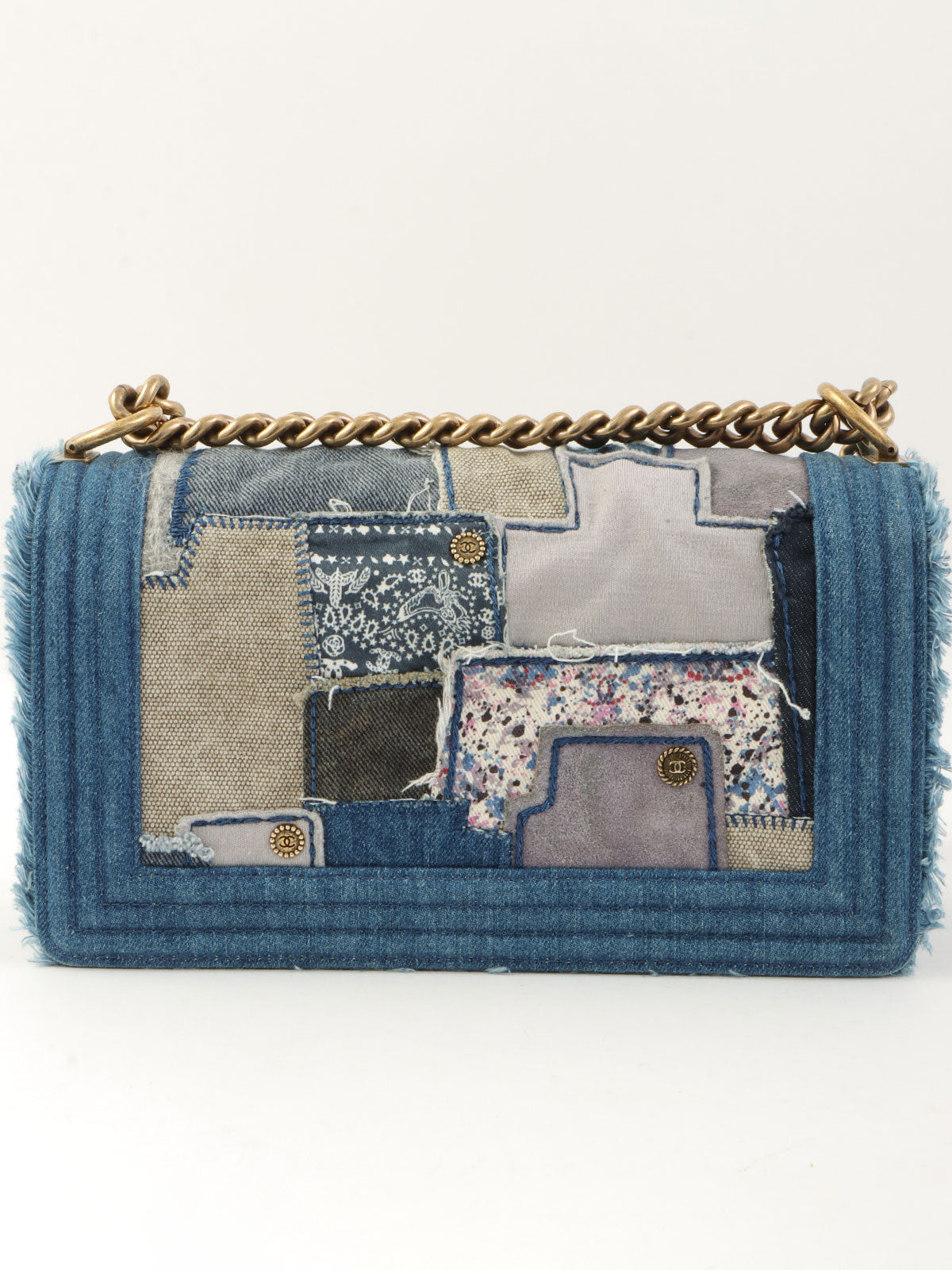 2014年頃製 デニムパッチワークボーイシャネルチェーンショルダーバッグ ブルー／マルチ