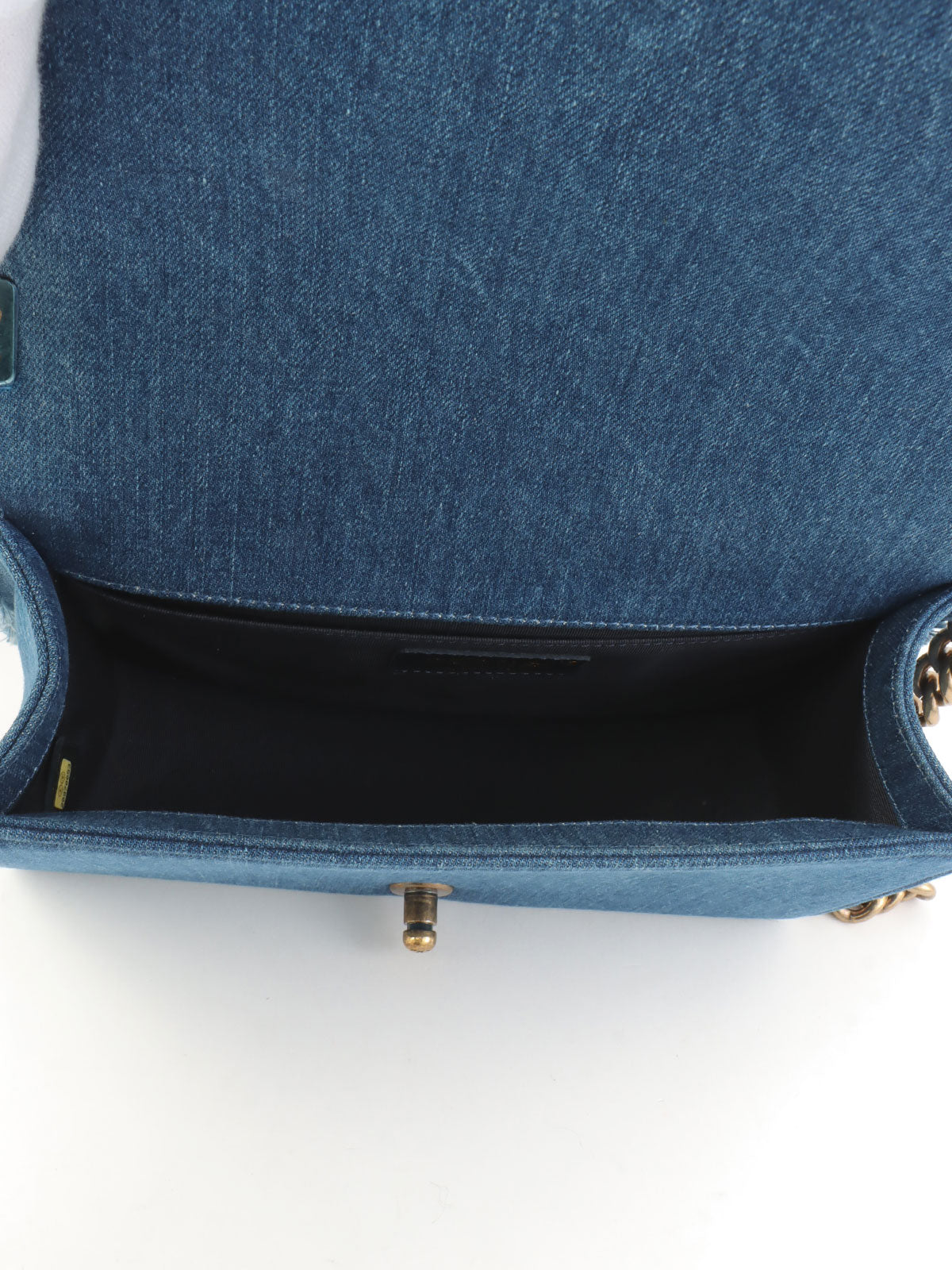 2014年頃製 デニムパッチワークボーイシャネルチェーンショルダーバッグ ブルー／マルチ