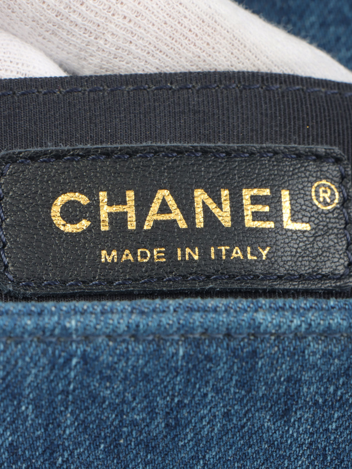 2014年頃製 デニムパッチワークボーイシャネルチェーンショルダーバッグ ブルー／マルチ